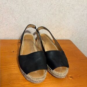 Carmen Saiz Black Leather Peep Toe Espadrille Slingback Sandals Size EU38 US 7.5
